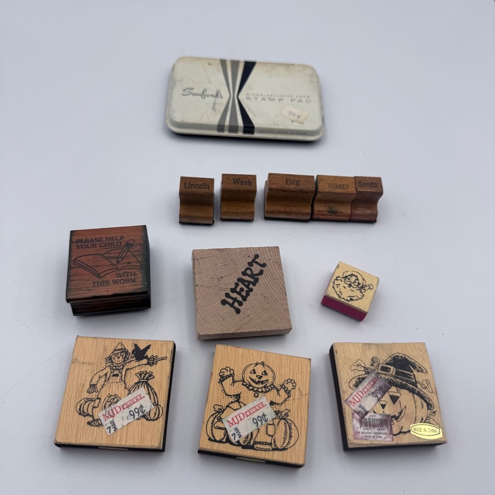 Vintage Rubber Stamp Lot Holiday Halloween Christmas Sanford Stamp Pad Tin 11pc